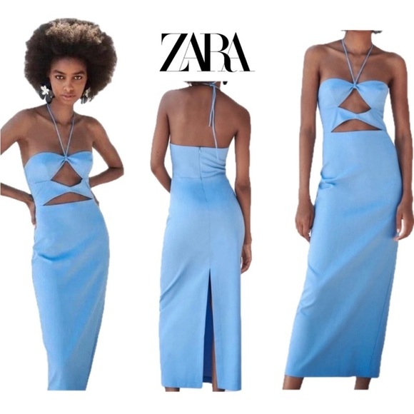 Zara Blogger Favorite Blue Cut-out Halter Top Bodycon Midi Dress Sz L - Picture 1 of 13